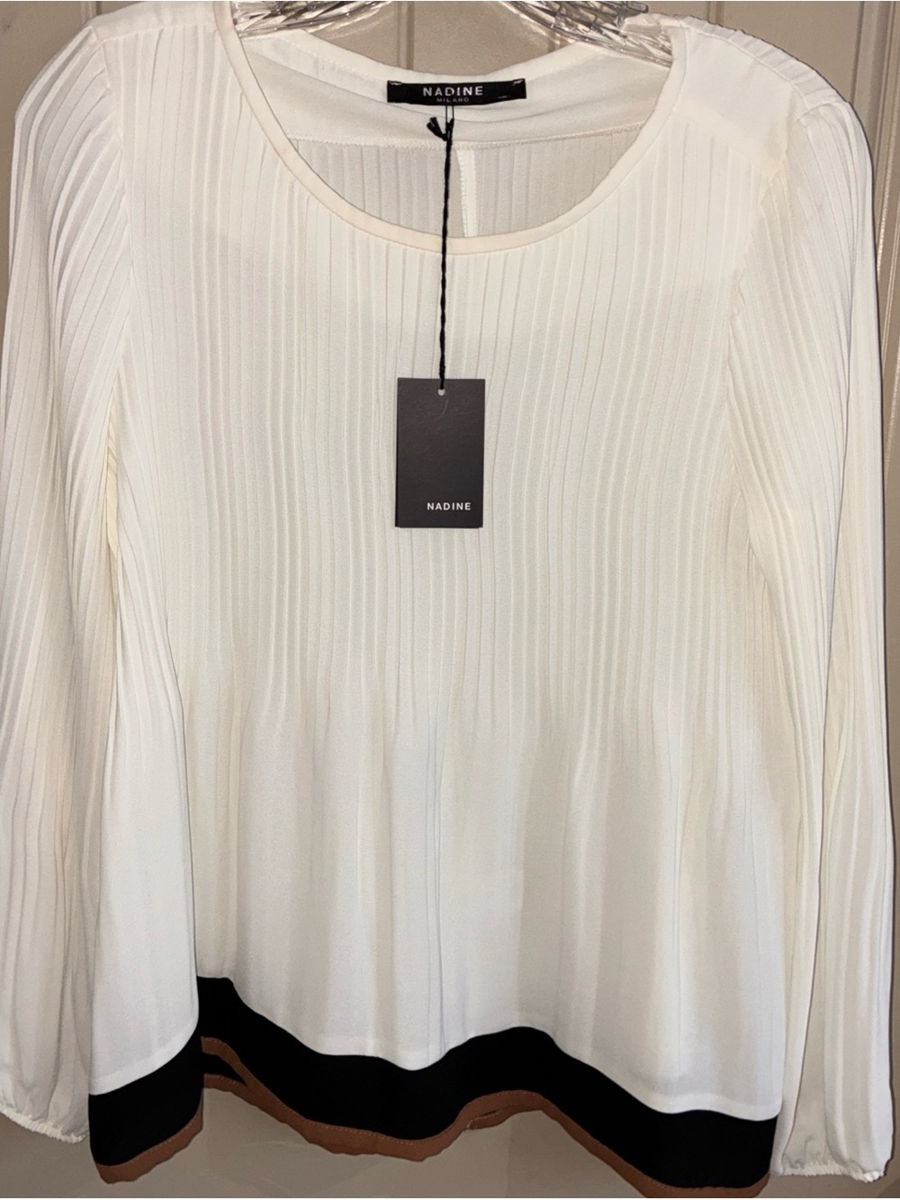 Ivory Pleated Long-Sleeve Blouse with Contrast Hem